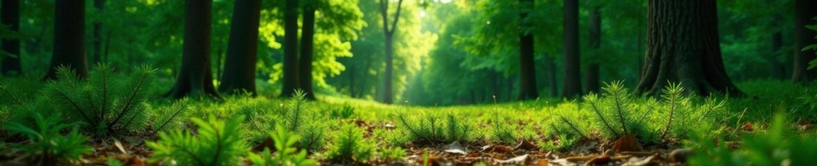 Obraz premium A serene and peaceful atmosphere is created by a thick layer of pine needles covering the ground in front of a green wall of pine trees, evergreen, foliage, pines