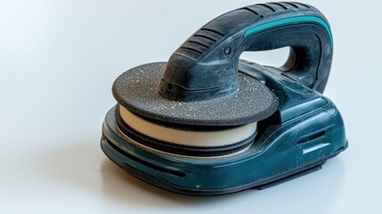 A close-up of a power sander with sanding pads on a white isolated background