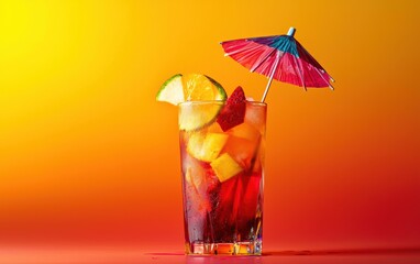 A layered rainbow cocktail with floating fruit slices and an umbrella, on a gradient red-to-yellow background