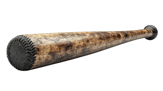 Worn wooden baseball bat isolated on black background, ready for hitting