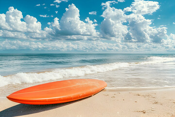 Calm Beach Day with Surfboard Under Sunny Sky