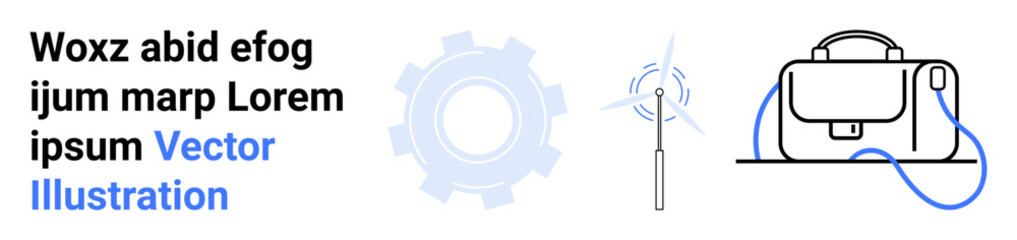 Gear icon, wind turbine, briefcase with a cable, and text block. Ideal for business, technology, engineering, renewable energy, corporate, informational graphics, and educational content. Landing