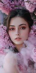 A beautiful woman with long dark hair and brown eyes wears a flowing dress crafted from Daphne flowers. She stands in a winter wonderland, surrounded by ethereal pink smoke, creating a dreamy and frag