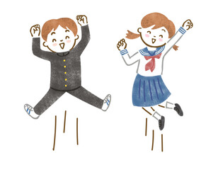 ガッツポーズでジャンプする制服（学ラン、セーラー服）を着た中高生男女のイラスト