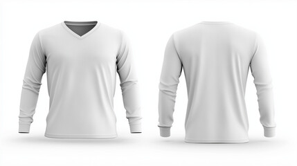 A blank template of a V-neck long sleeve white T-shirt shown from the front and back. The design is clean and simple, with no logos or patterns, set against a plain white background. 