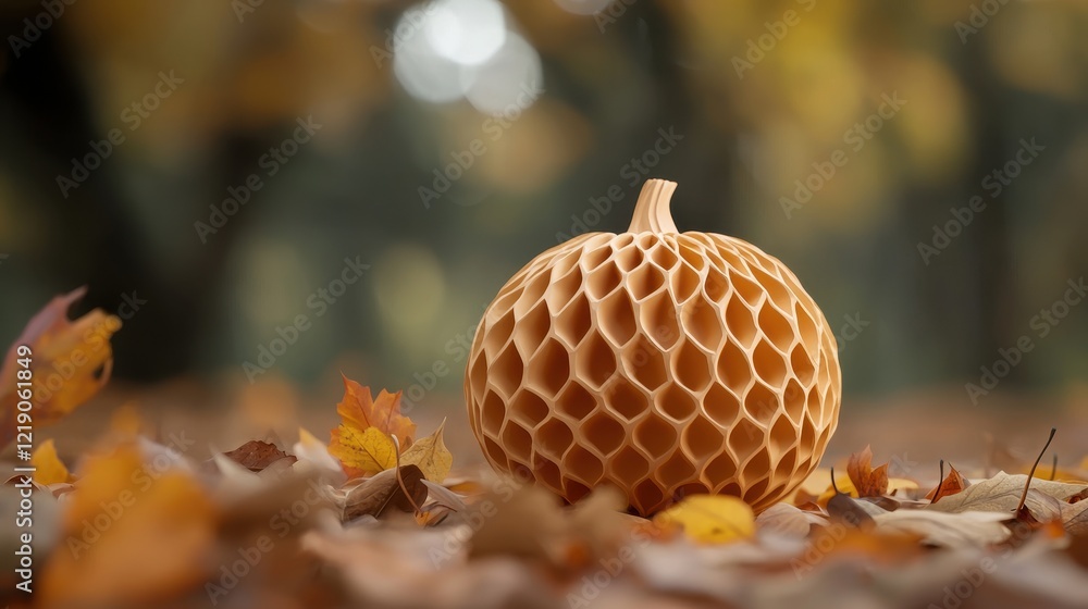 Poster detailed 3d render of a clay pumpkin with ridges surrounded by autumn leaves in a soft-focused fores