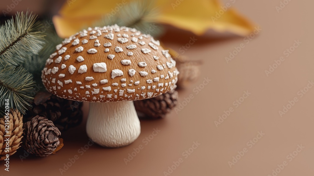 Poster Realistic 3D Render of a Clay Shiitake Mushroom Surrounded by Natural Elements and Soft Textures on a Simple Background