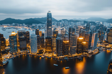 Obraz premium Cityscape view with long exposure traffic in the dusk, Landscape view city with plenty of tall building at night, Nightlife city with skyscraper.