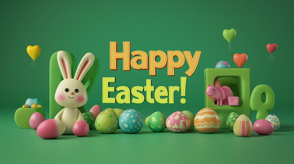 A joyful, eye-catching "Happy Easter!" text designed in bold, colorful letters, featuring a subtle shadow effect for added depth. The text is perfectly centered against a solid greenscreen background,