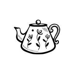 a black and white drawing of an ornamental teapot 
