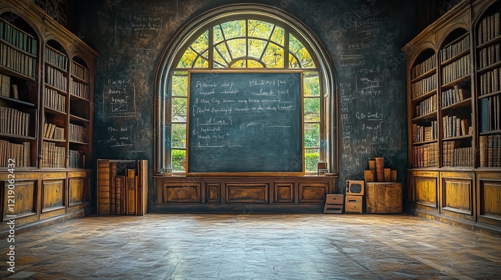 Poster empty library classroom with chalkboard by arched window