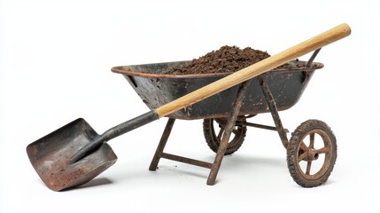 A close-up of a shovel and a wheelbarrow filled with soil on a white isolated background