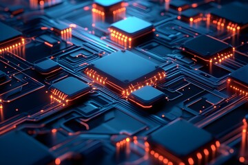 Obraz premium Illustration of a glowing digital network, interconnected nodes and lines forming a glowing web, on a blue-black gradient background, symbolizing advanced technology and seamless connectivity