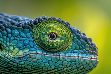 Fototapeta premium Close-up of a vibrant green and blue chameleon's eye and head, showcasing intricate scales and textures against a blurred natural background.