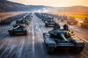 Aerial view of war preparing field with bulletproof tank and aircraft, Battle field with war vehicle.