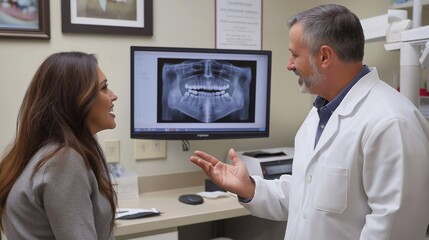 A dentist and patient reviewing a jaw and teeth X-ray on a screen in a dental clinic, discussing treatment options. The professional care, collaboration, and personalized dental health solutions
