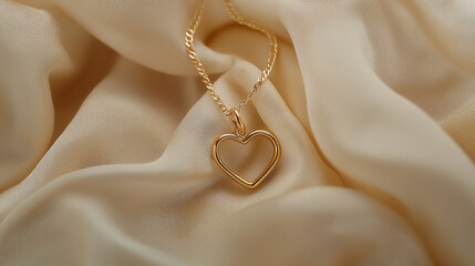 A close-up of a delicate gold heart pendant necklace resting gently on soft cream-colored fabric, highlighting its elegance and charm with subtle reflections of light on the gold surface.