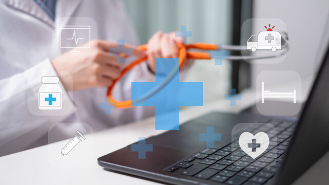 Professional health care worker doctor stethoscope medicine ambulance ekg icon concept