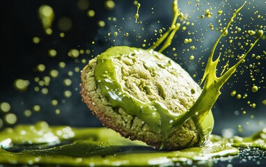 Obraz premium A dynamic shot of a matcha green tea cookie with creamy green matcha glaze splashes.