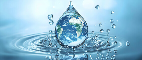 Tranquil Water Droplet Earth Surrounded by Bubbles and Ripples