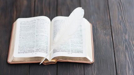 Fototapeta premium Open Bible Featuring the Gospel of John and Quill Pen on Rustic Wooden Table
