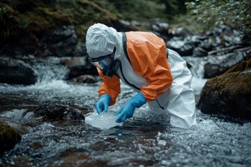 A scientist in a hazmat suit, wearing an orange and white jacket with blue gloves, is taking water samples from a river stream for a business pitch presentation. 