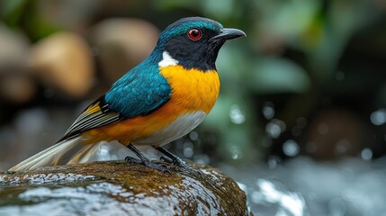 Obraz premium Colorful bird perched on rock near stream, vibrant jungle background, nature photography