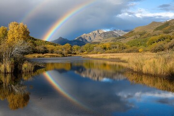 National Find Rainbow Day: vivid arc, colorful spectrum, radiant sky, vibrant hues, scenic view, serene beauty, prismatic wonder, natural phenomenon, luminous colors, enchanting light bright horizon.