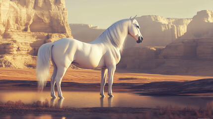 "National Arabian Horse Day" in bold white letters is displayed at the bottom of a photo capturing a noble Arabian horse standing in the heart of a desert oasis, 