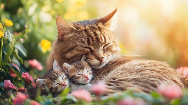 Sweet dreams a mother cat and her adorable kittens napping among blooming flowers