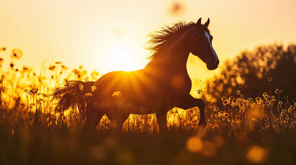 The words "National Horse Protection Day" are written in soft script, gracefully overlaid on a stunning image of a horse silhouette galloping at sunset. 