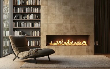 A rectangular bio fireplace built into a tiled wall, surrounded by a cozy reading nook with shelves of books