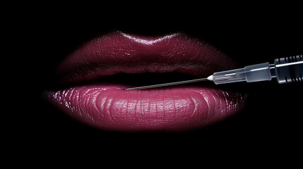 A close-up of a woman's soft pink lips, well-defined, with a syringe about to inject them for a cosmetic procedure like lip enhancement. The image has a professional and clean aesthetic, 