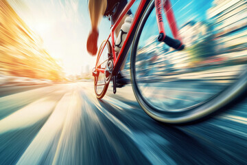 Naklejka premium An abstract motion blur of a racing bicycle wheel on a brightly lit road.
