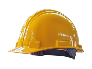Yellow hard hat isolated on black, industrial background blur, ready for use