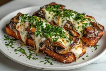 Cheesy Mushroom and Garlic Toasts on white plate