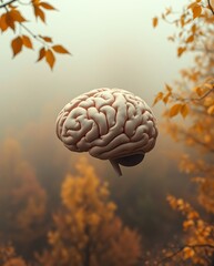 Floating brain amidst autumn foliage in misty landscape.

