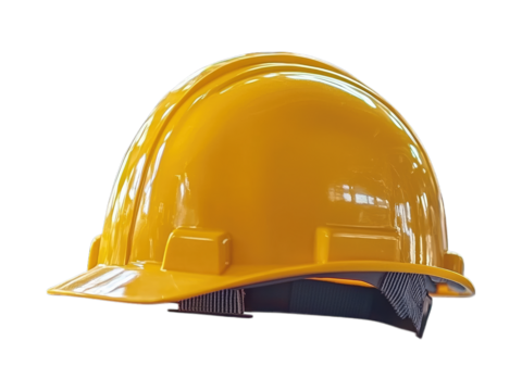 Yellow hard hat isolated on black, industrial background blur, ready for use