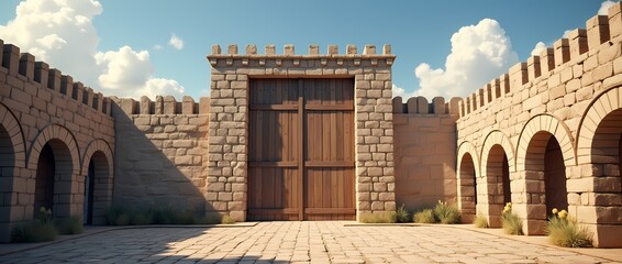 The huge walls of the ancient city with huge closed wooden gates