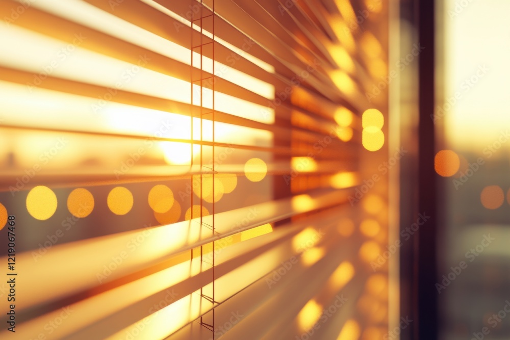 Poster soft golden sunlight filtering through modern window blinds casting warm tones and warm bokeh lights