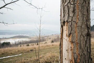Fototapeta premium Minimalist Close-up: Wood Pest Damage on Tree Bark – Textured Surface