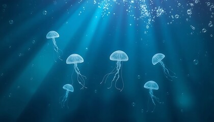 An underwater inspired background with deep teal and aqua tones. Delicate, glowing jellyfish silhouettes drift amidst bubbles and light rays piercing through the water