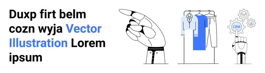 Robotic hand points towards a clothing rack with shirts, gears, displaying automation in fashion. Ideal for technology integration, fashion automation, innovation, industry 4.0, future tech smart