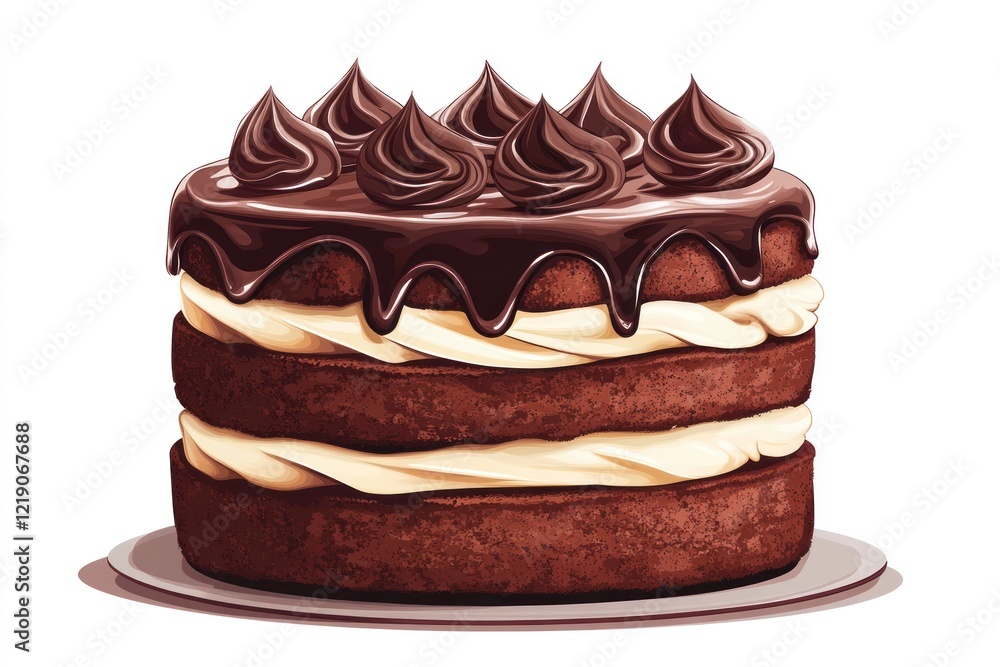 Poster a simple chocolate cake with layers of rich, creamy frosting and delicate swirled patterns on top, i