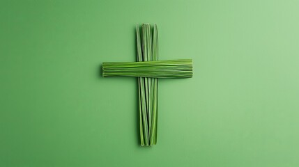Cross Made from Palm Leaves Symbolizing Faith and Spirituality on Green Background