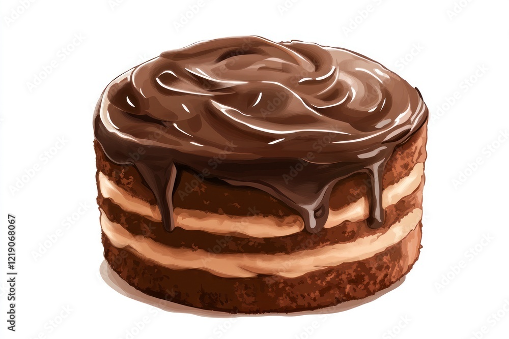 Poster a simple chocolate cake with layers of rich, creamy frosting and delicate swirled patterns on top, i