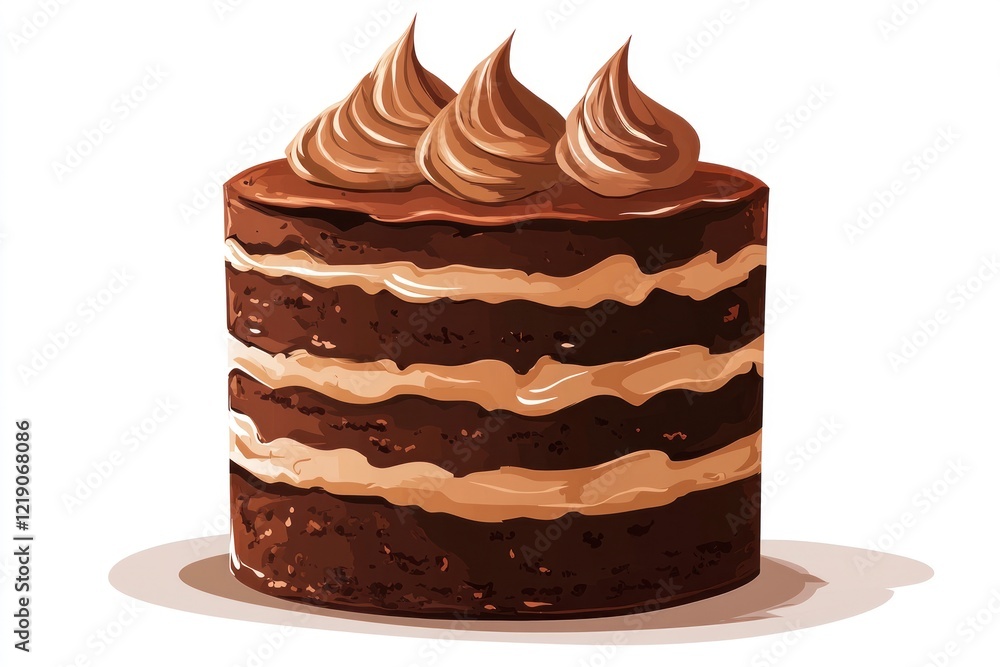 Poster a simple chocolate cake with layers of rich, creamy frosting and delicate swirled patterns on top, i