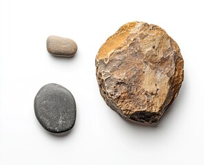 A round piece of sandstone and small pebble on white background, isolated on the left side, top view. stock photo in studio light 