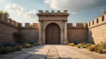 Obraz premium The huge walls of the ancient city with huge closed wooden gates