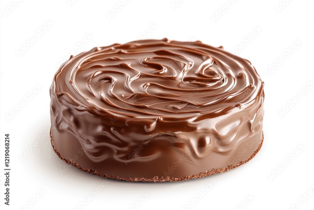 Poster a simple chocolate cake with layers of rich, creamy frosting and delicate swirled patterns on top, i